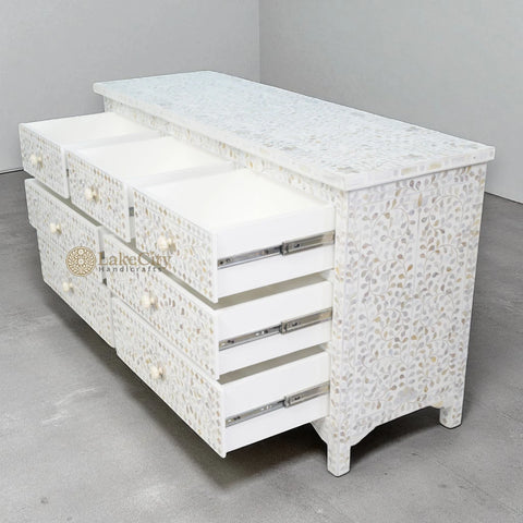 Mother Of Pearl Inlay Floral Design 7 Drawers Chest White | Mother Of Pearl Inlay Floral Design 7 Drawers Dresser Table White