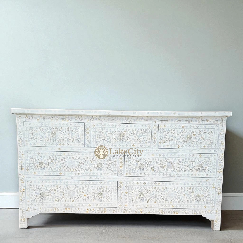 Mother Of Pearl Inlay Floral Design 7 Drawers Chest White | Mother Of Pearl Inlay Floral Design 7 Drawers Dresser Table White