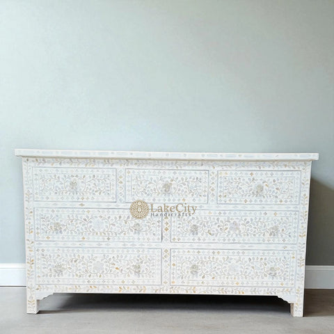 Mother Of Pearl Inlay Floral Design 7 Drawers Chest White | Mother Of Pearl Inlay Floral Design 7 Drawers Dresser Table White