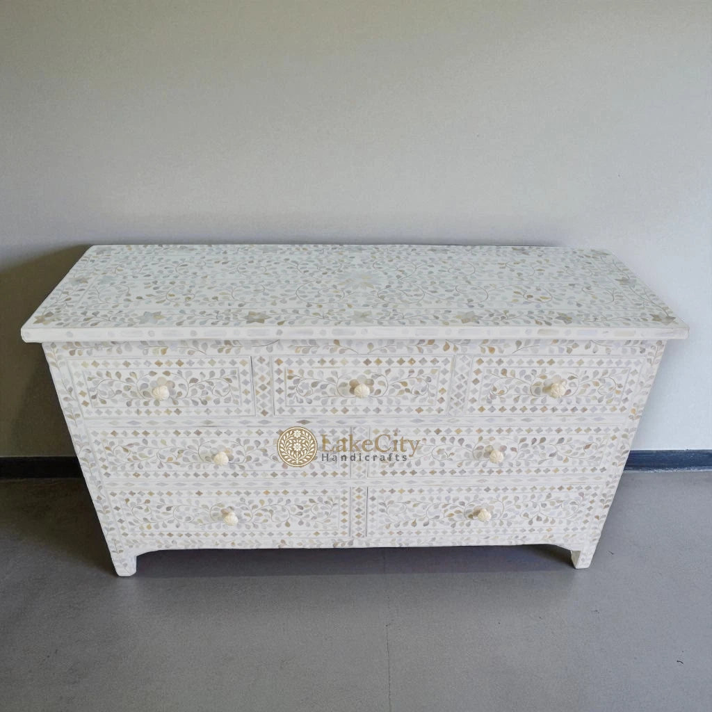 Mother Of Pearl Inlay Floral Design 7 Drawers Chest White | Mother Of Pearl Inlay Floral Design 7 Drawers Dresser Table White