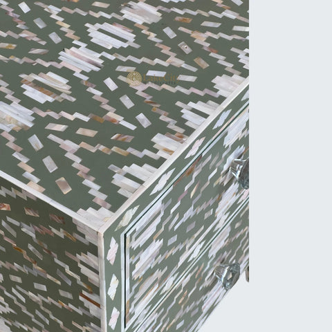 Mother Of Pearl Inlay Ikat Design 2 Drawers Bedside Pepper Leaf
