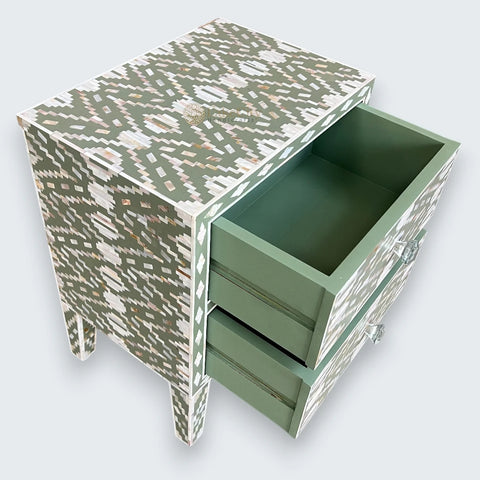 Mother Of Pearl Inlay Ikat Design 2 Drawers Bedside Pepper Leaf
