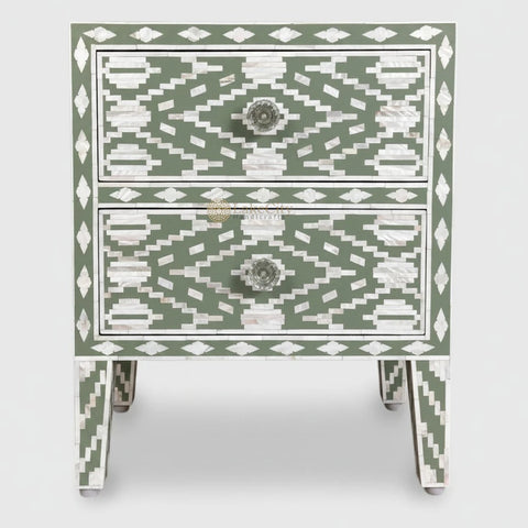 Mother Of Pearl Inlay Ikat Design 2 Drawers Bedside Pepper Leaf