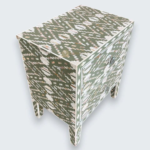 Mother Of Pearl Inlay Ikat Design 2 Drawers Bedside Pepper Leaf