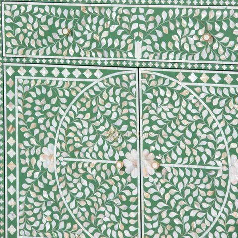 Mother Of Pearl Inlay Scroll-vine Design 2 Drawers & 4 Doors Buffet Table Green