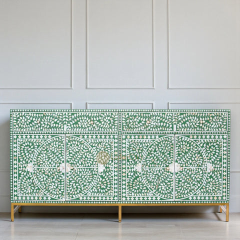 Mother Of Pearl Inlay Scroll-vine Design 2 Drawers & 4 Doors Buffet Table Green