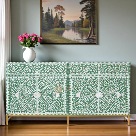 Mother Of Pearl Inlay Scroll-vine Design 2 Drawers & 4 Doors Buffet Table Green