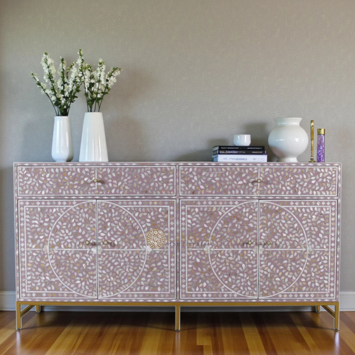 Mother Of Pearl Inlay Scroll-vine Design 2 Drawers & 4 Doors Buffet Table Purple