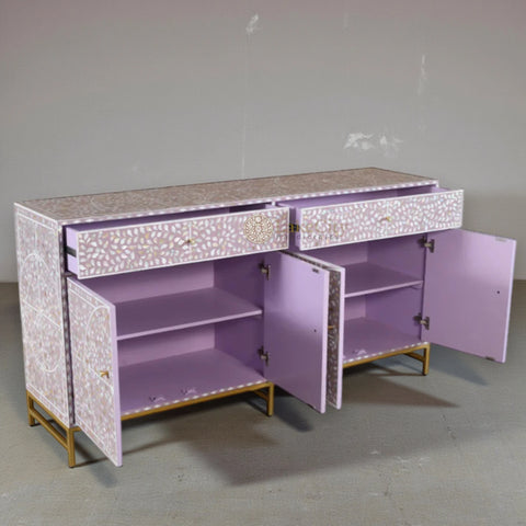 Mother Of Pearl Inlay Scroll-vine Design 2 Drawers & 4 Doors Buffet Table Purple