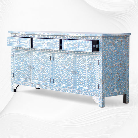 Lillian Mother Of Pearl Inlay Floral Design 3 Drawers & 4 Doors Sideboard Table Turquoise