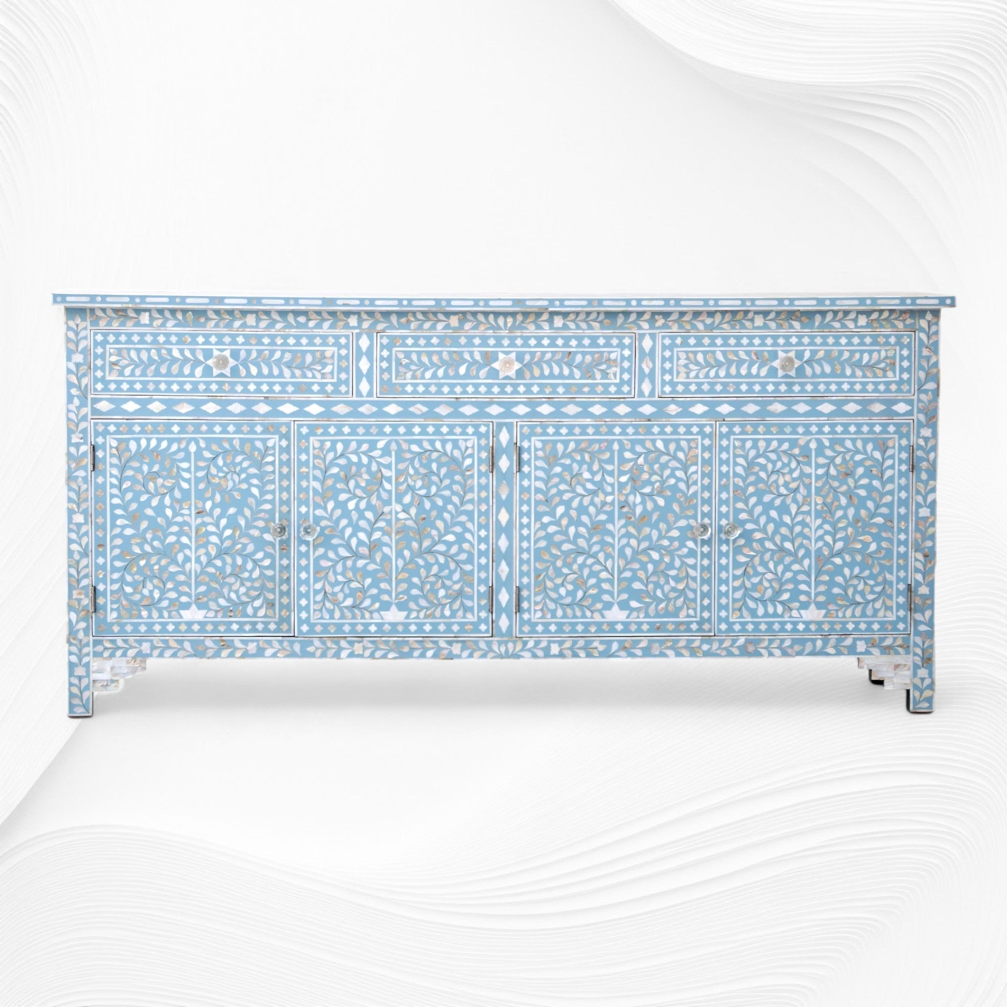 Lillian Mother Of Pearl Inlay Floral Design 3 Drawers & 4 Doors Sideboard Table Turquoise