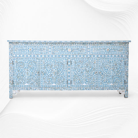 Lillian Mother Of Pearl Inlay Floral Design 3 Drawers & 4 Doors Sideboard Table Turquoise