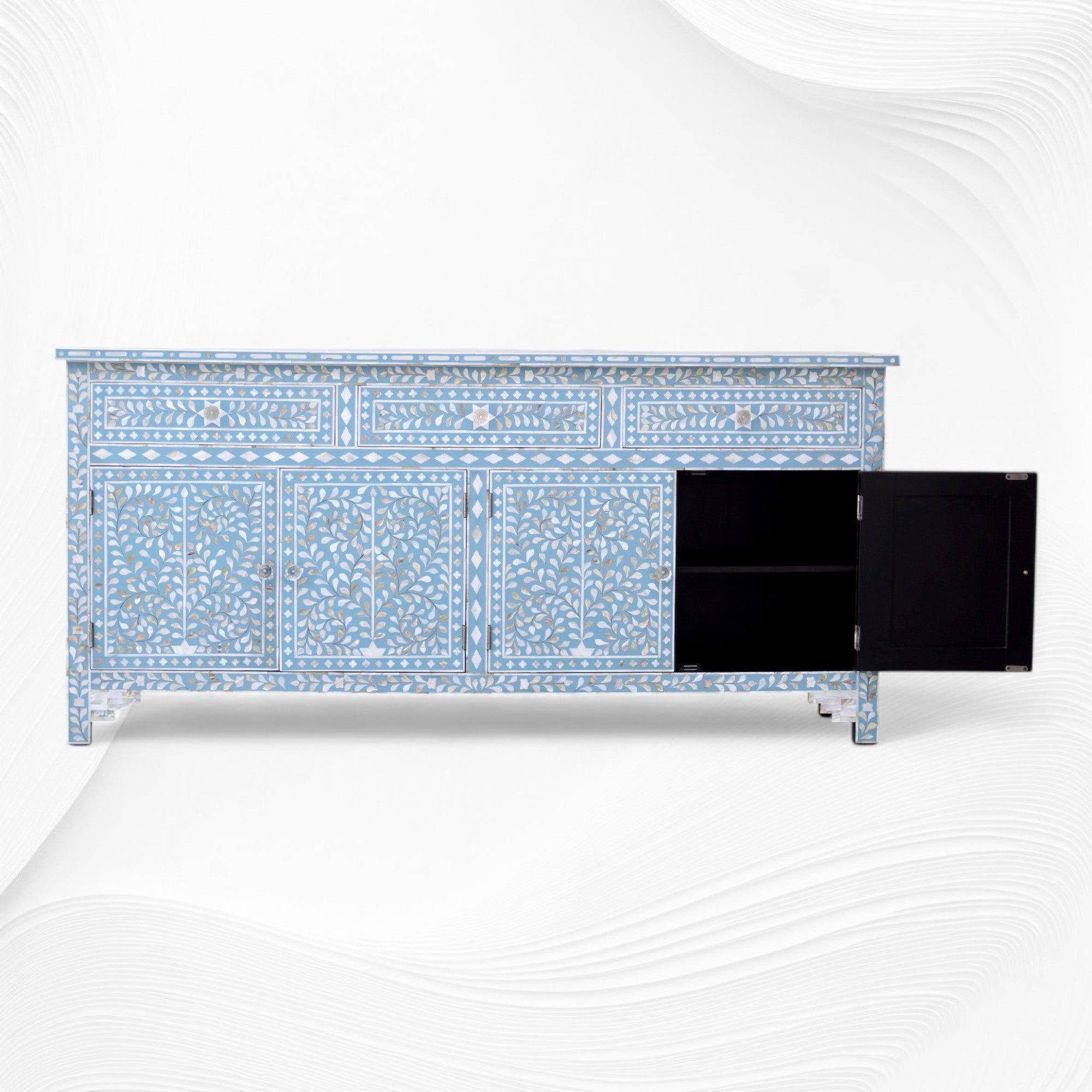 Lillian Mother Of Pearl Inlay Floral Design 3 Drawers & 4 Doors Sideboard Table Turquoise