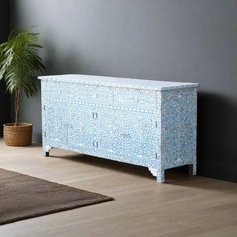 Lillian Mother Of Pearl Inlay Floral Design 3 Drawers & 4 Doors Sideboard Table Turquoise
