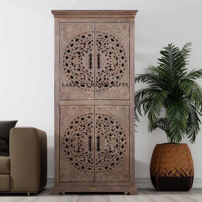 Hand-carved Rhapsody Smoky 4 Door Armoire | Hand-carved Rhapsody Smoky 4 Door Wardrobe