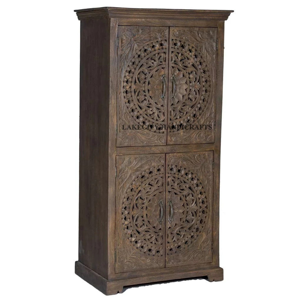 Hand-carved Rhapsody Smoky 4 Door Armoire | Hand-carved Rhapsody Smoky 4 Door Wardrobe