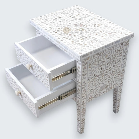 Mehrab Mother Of Pearl Inlay Floral 2 Drawer Bedside White