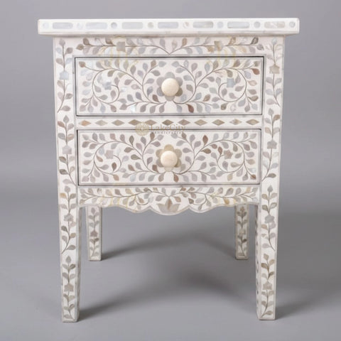 Mehrab Mother Of Pearl Inlay Floral 2 Drawer Bedside White