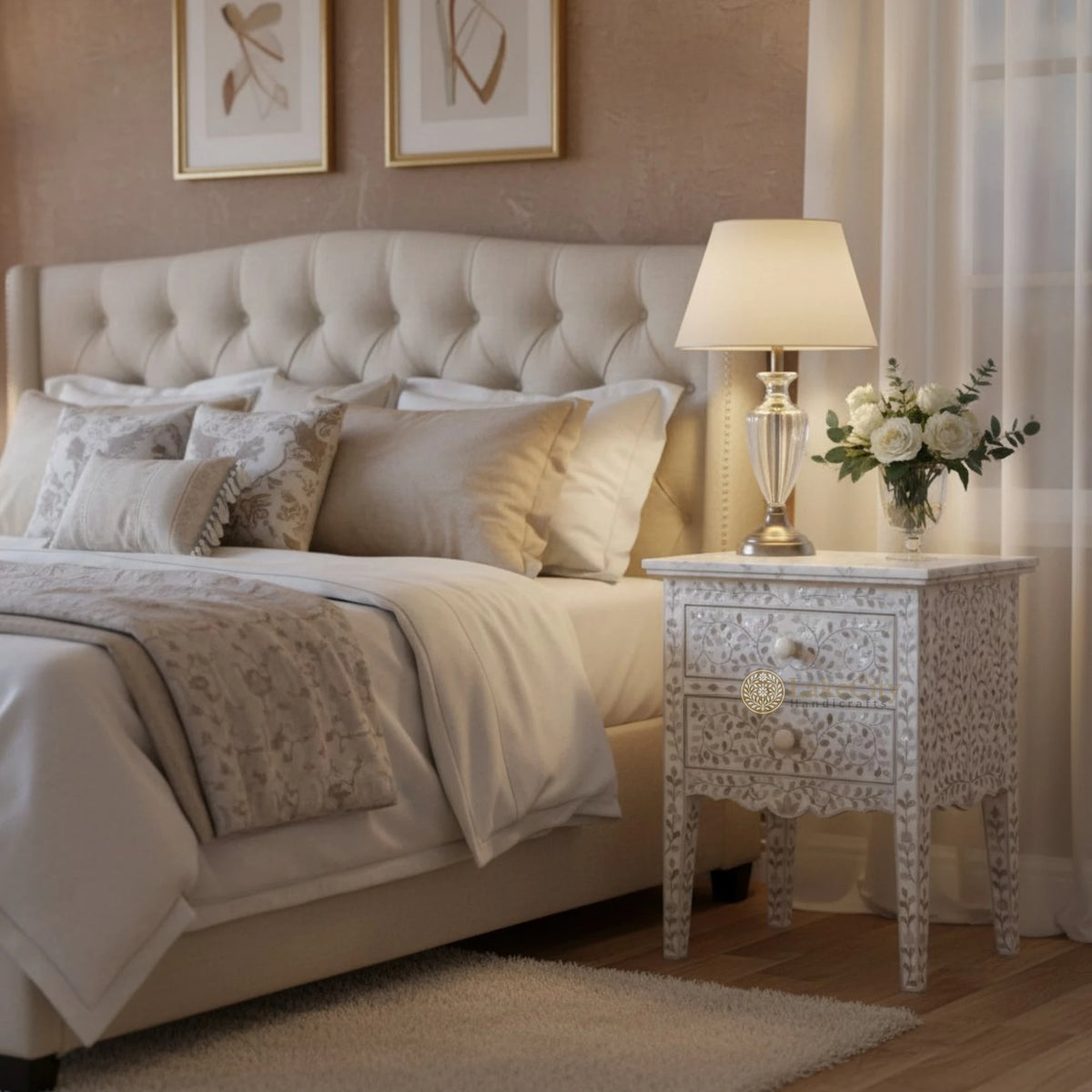 Mehrab Mother Of Pearl Inlay Floral 2 Drawer Bedside White