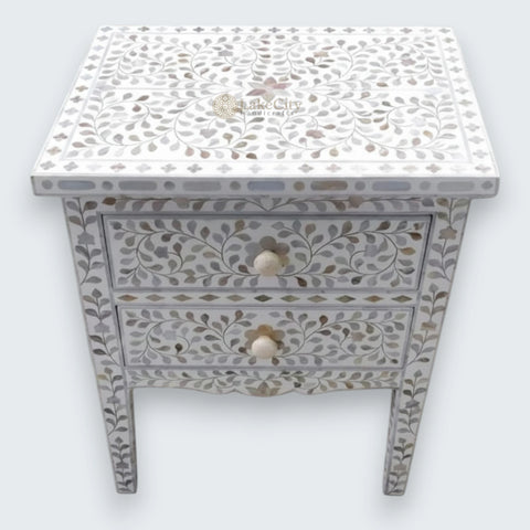 Mehrab Mother Of Pearl Inlay Floral 2 Drawer Bedside White