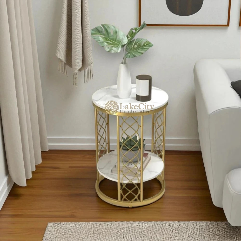 Modern Luxurious Round Marble Side Table in Gold