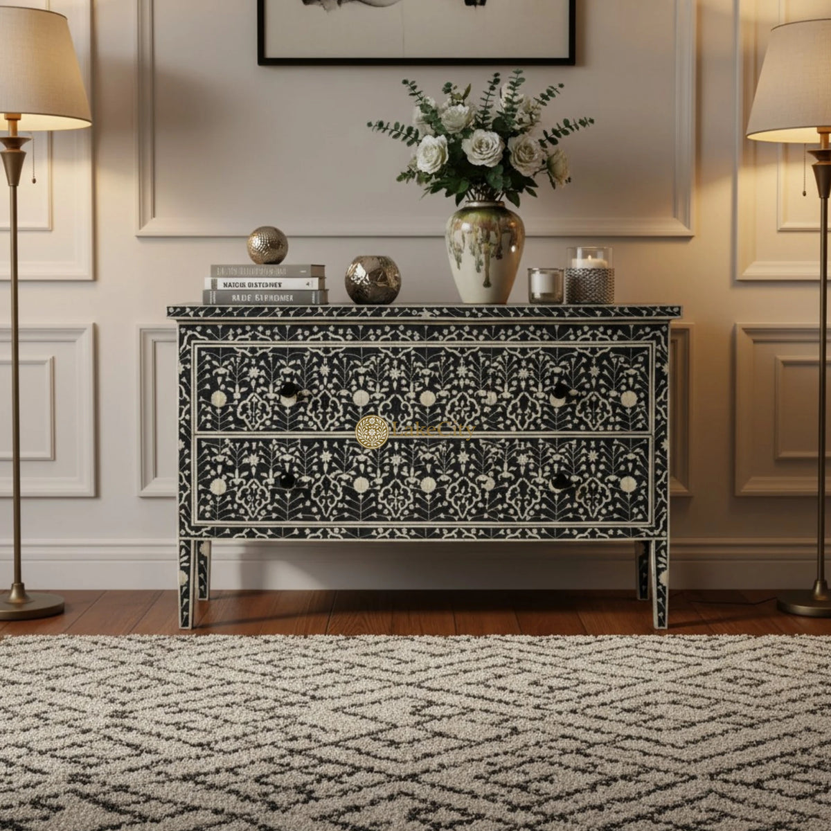 Moghul Flower Bone Inlay 2 Drawer Chest Black