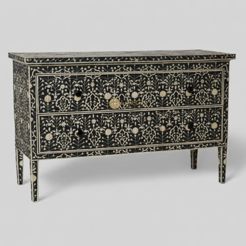 Moghul Flower Bone Inlay 2 Drawer Chest Black