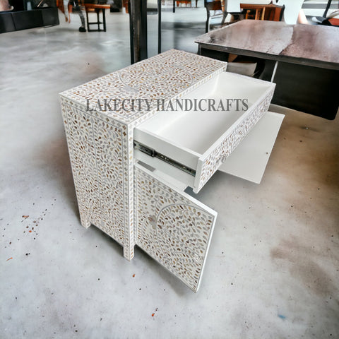 Mother Of Pearl Inlay Scroll-vine Design 1 Drawer & 2 Doors Cabinet White