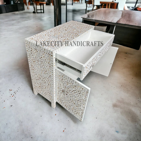 Mother Of Pearl Inlay Scroll-vine Design 1 Drawer & 2 Doors Cabinet White