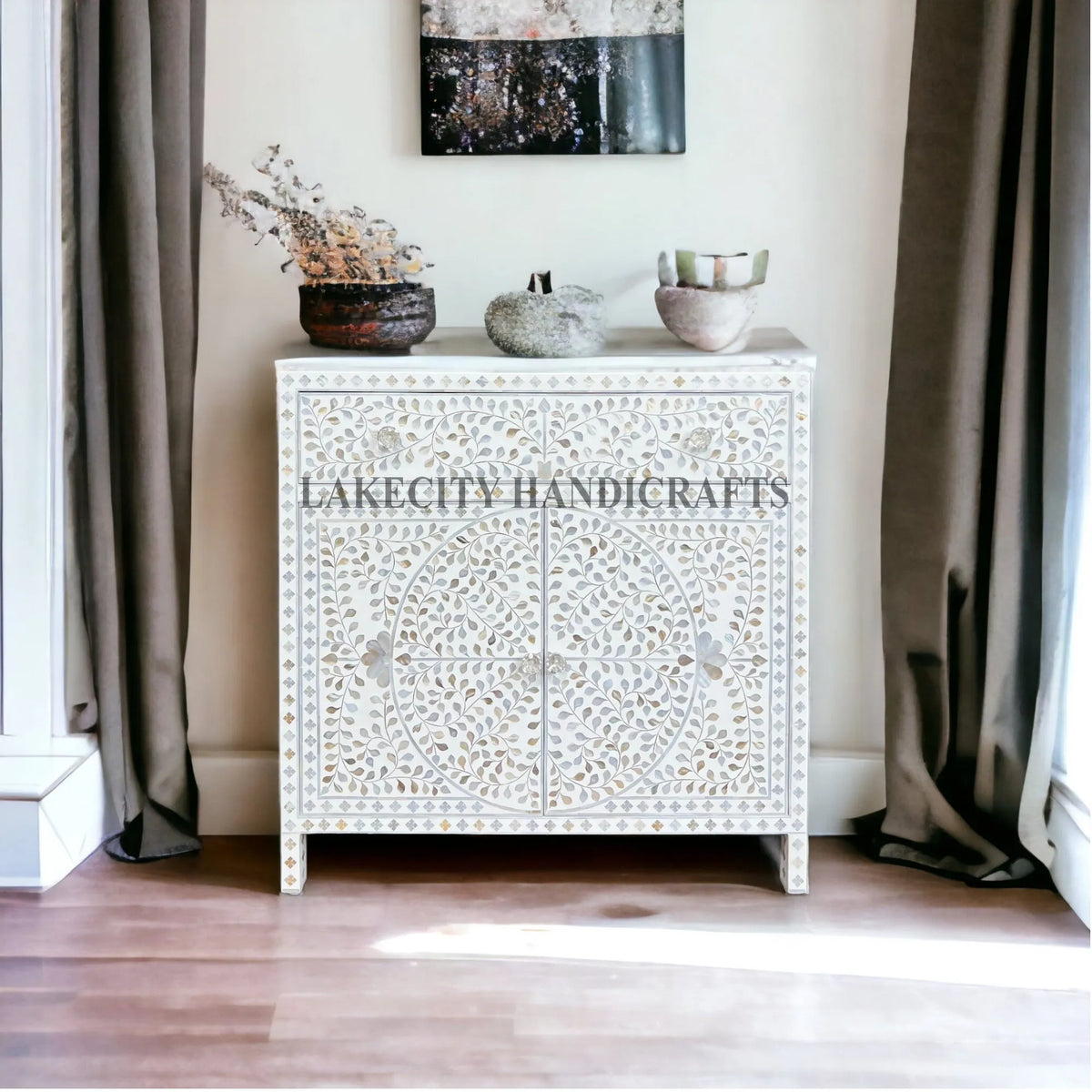 Mother Of Pearl Inlay Scroll-vine Design 1 Drawer & 2 Doors Cabinet White