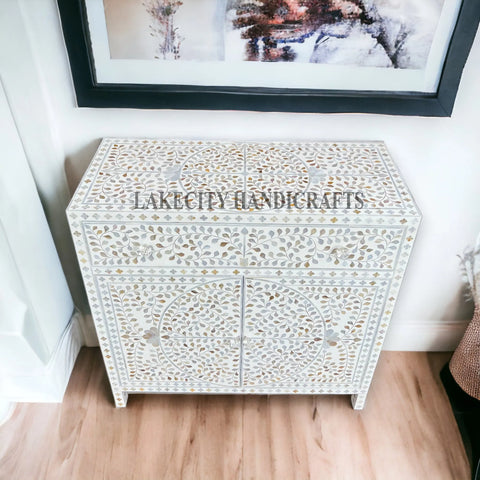 Mother Of Pearl Inlay Scroll-vine Design 1 Drawer & 2 Doors Cabinet White