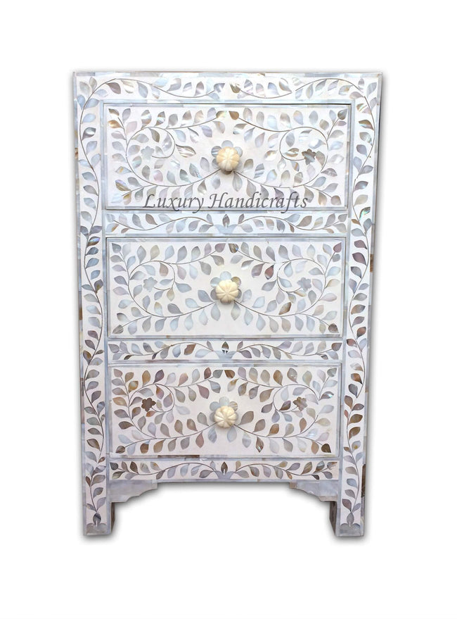 Mother Of Pearl Inlay 3 Drawer Bedside White 1