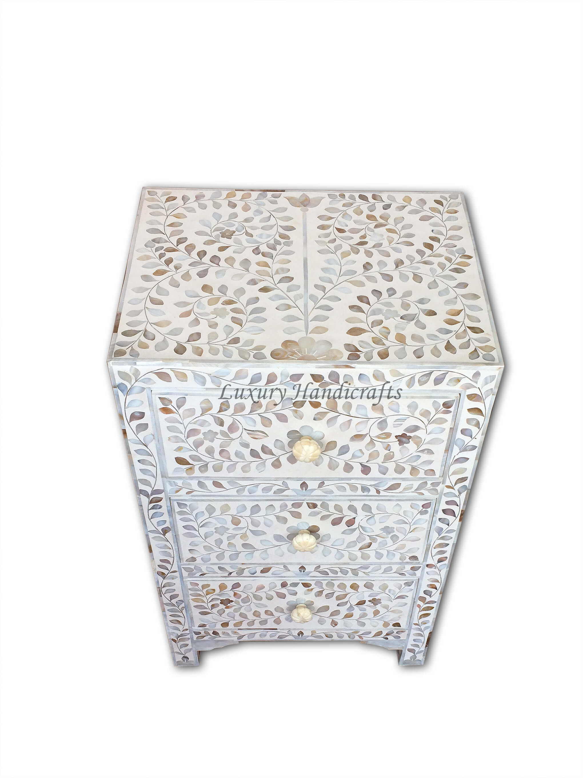 Mother Of Pearl Inlay 3 Drawer Bedside White 2