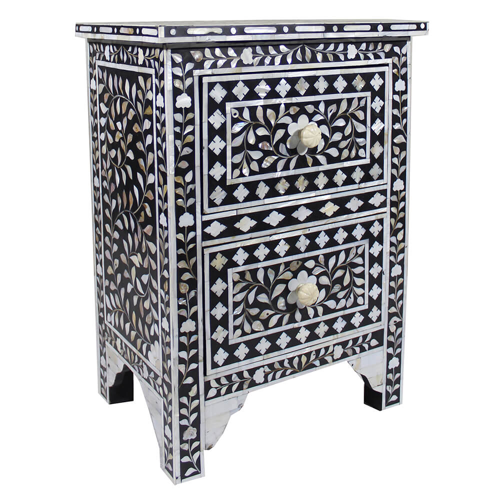 Mother Of Pearl Inlay Floral 2 Drawer Bedside Black 2