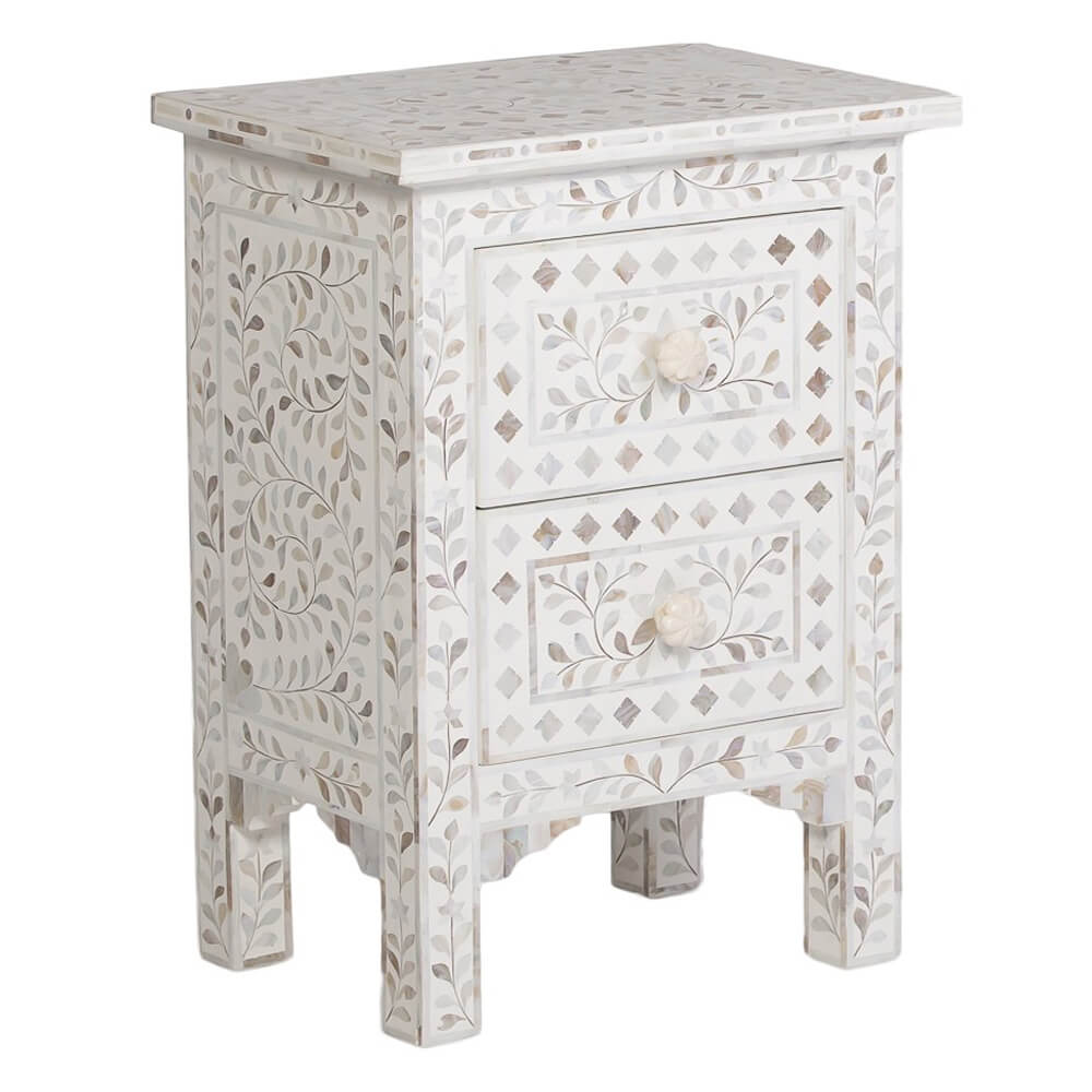Mother Of Pearl Inlay Floral 2 Drawer Bedside White 2