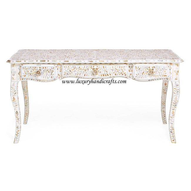 Mother Of Pearl Inlaid Long Curved Leg Desk White 1