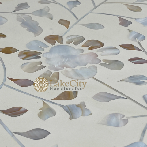 Mother Of Pearl Inlay Blooming Flowers Design Round Accent Table Beige