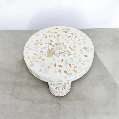 Mother Of Pearl Inlay Blooming Flowers Design Round Accent Table Beige