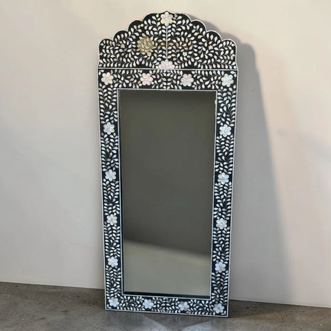 Mother of Pearl Inlay Detail on Black Wood Mirror Frame
