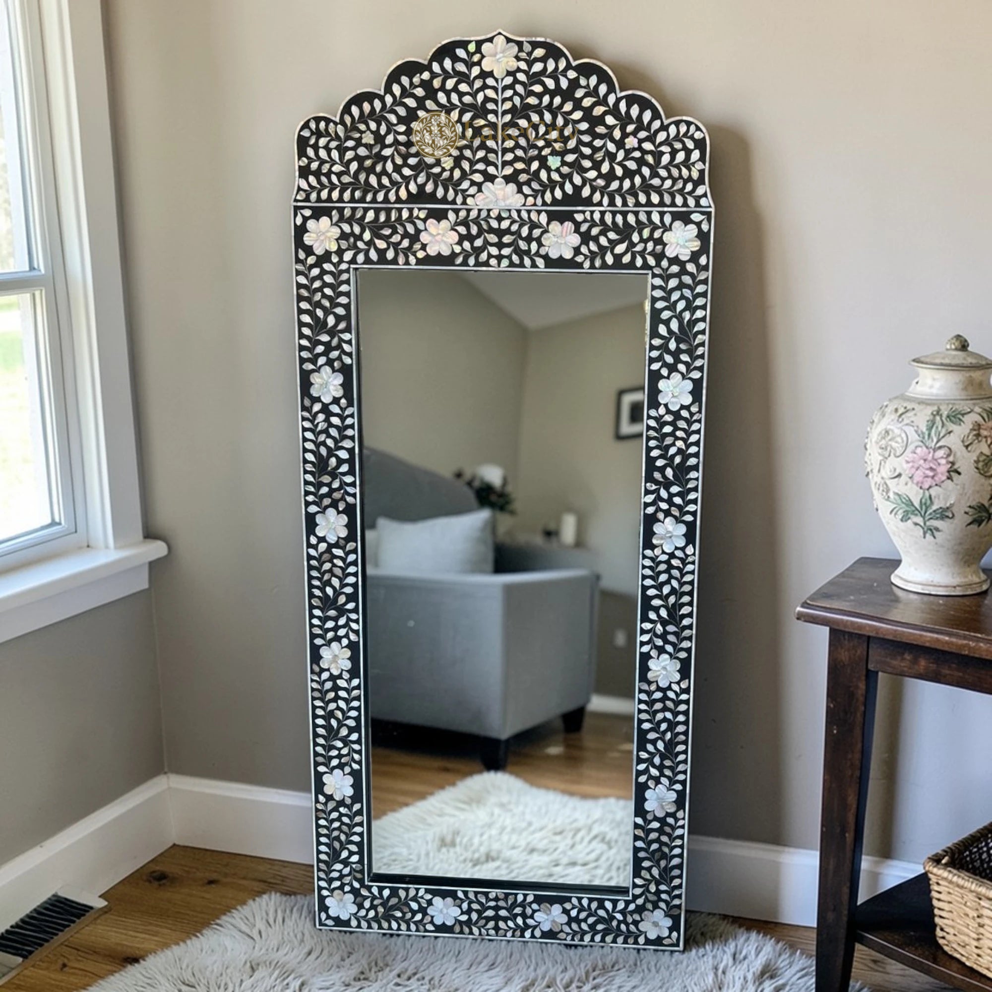 Mother Of Pearl Inlay Floral Crested Mirror Black