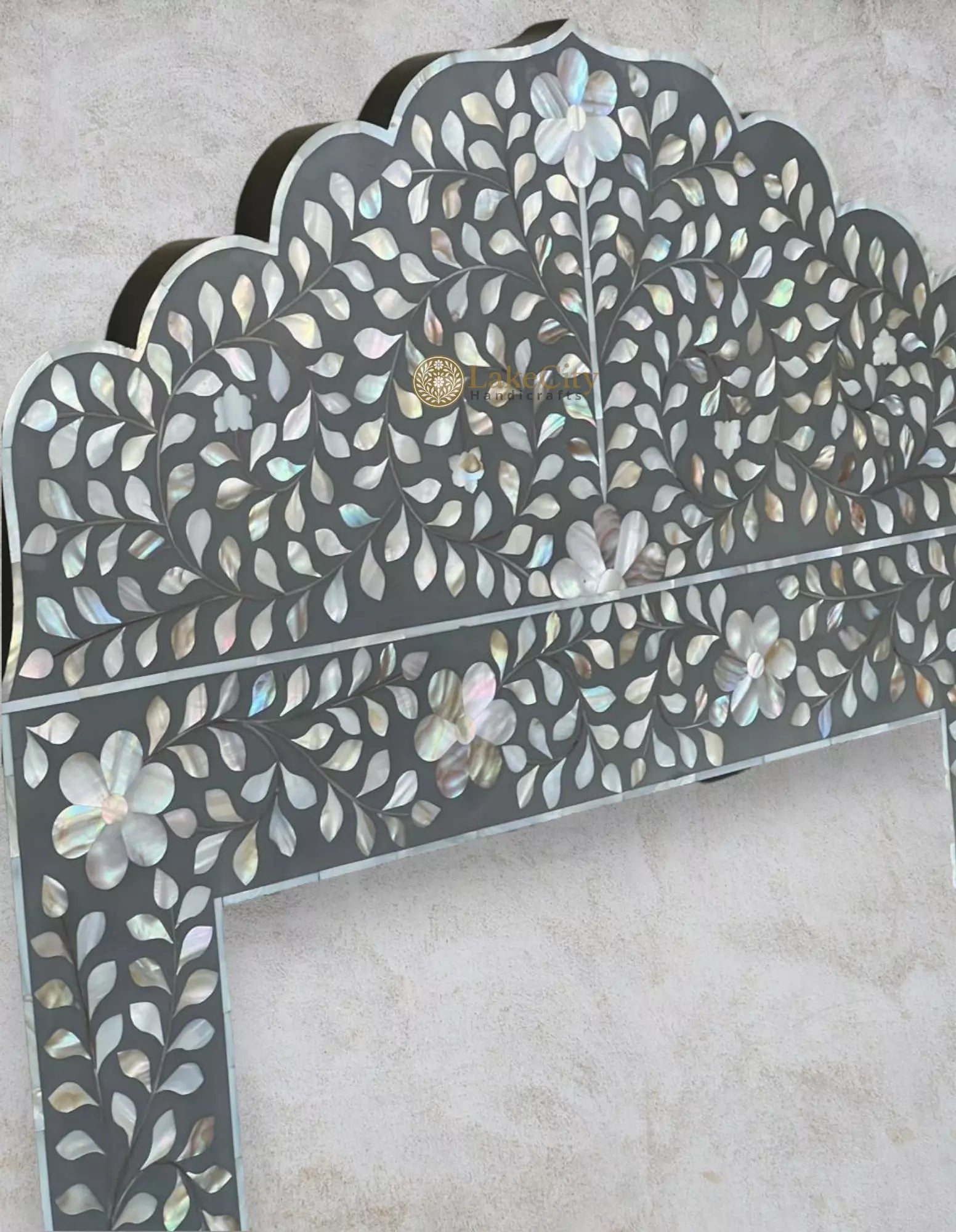 Artisan Hand-Carved Floral Mirror in Grey Resin