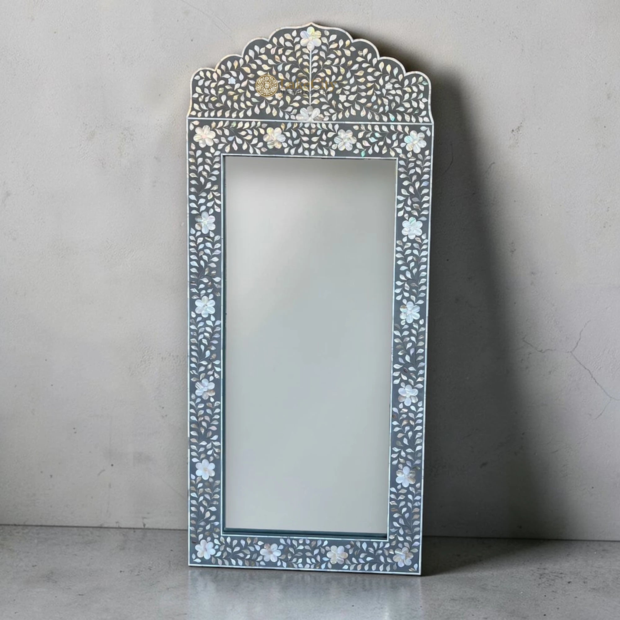 Arched Smoky Grey Shell Inlay Wall Mirror