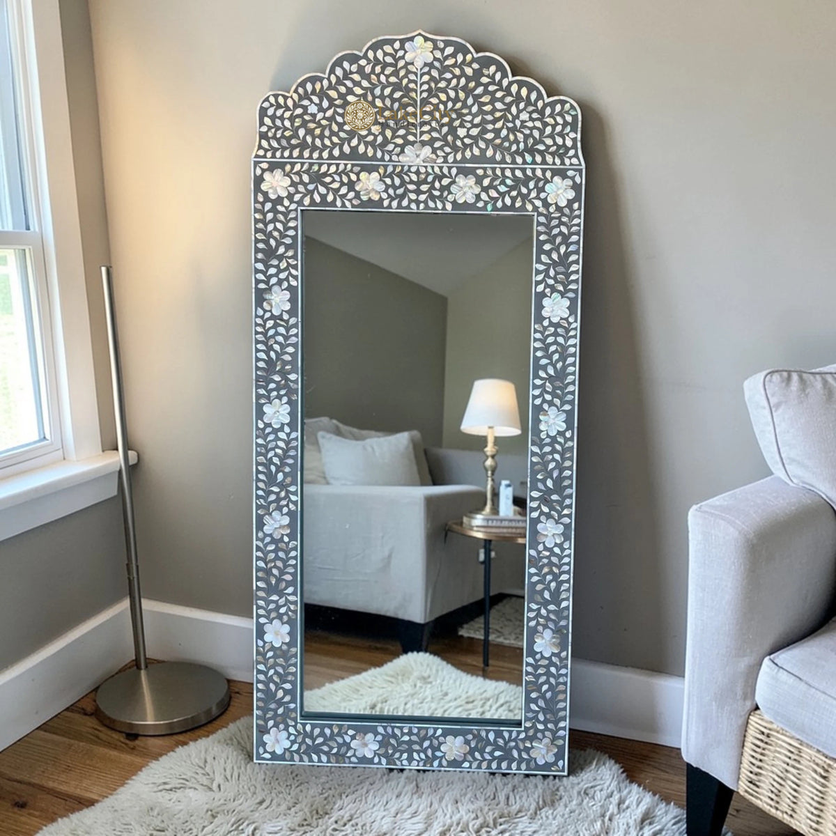 Mother Of Pearl Inlay Floral Crested Mirror Grey