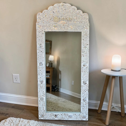 Mother Of Pearl Inlay Floral Crested Mirror White