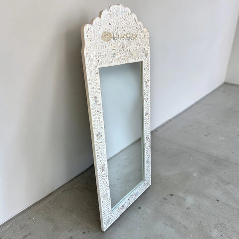 Mother Of Pearl Inlay Floral Crested Mirror White