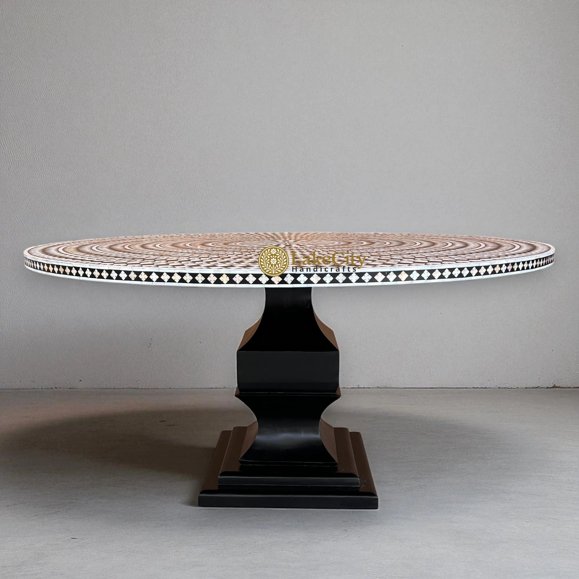 Mother of Pearl Inlay Diamond Round Dining Table Black