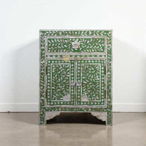 Mesita de noche MOP Floral con 1 cajón y 2 puertas, color verde