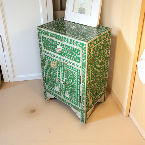 Mesita de noche MOP Floral con 1 cajón y 2 puertas, color verde