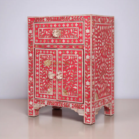 Mesita de noche MOP Floral con 1 cajón y 2 puertas, color rojo