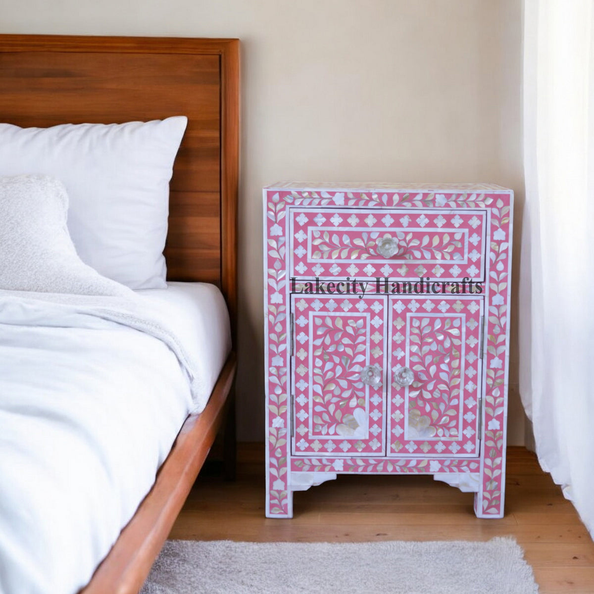 Mesita de noche MOP con 1 cajón y 2 puertas, color rosa